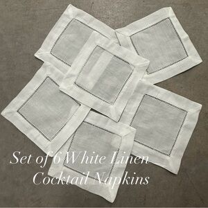 Set of 6 White Linen Cocktail Napkins 6” x 6”